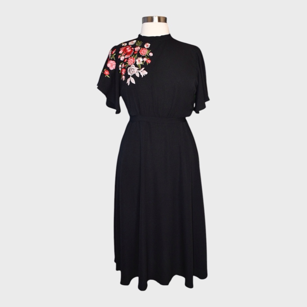 Shein Curve Romantic Embroidered Flutter Sleeve Midi Dress